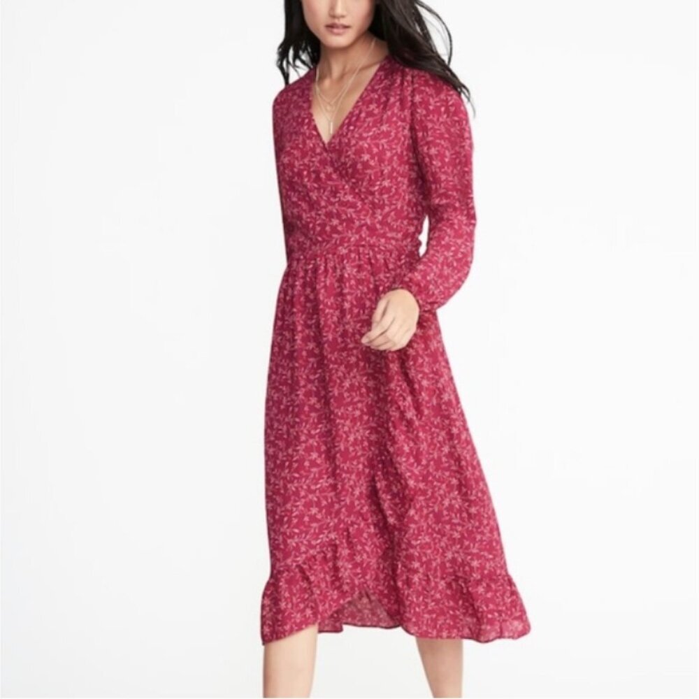 Old Navy Ditsy Floral Faux Wrap Dress Georgette Ruffle Midi Size Small